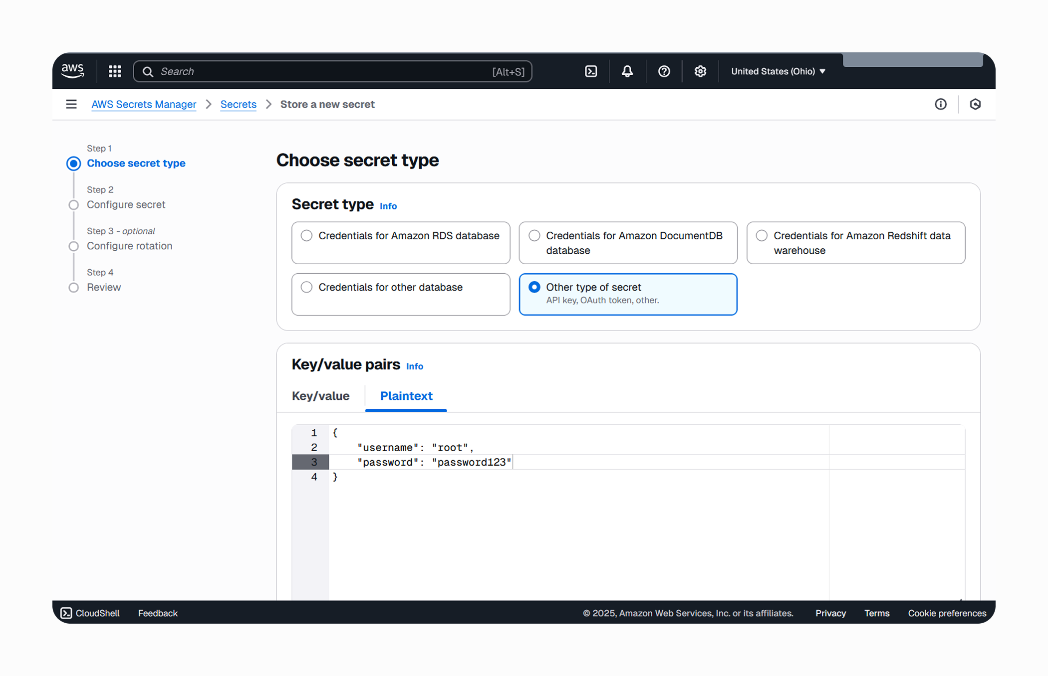 El tipo de secreto en Secrets Manager