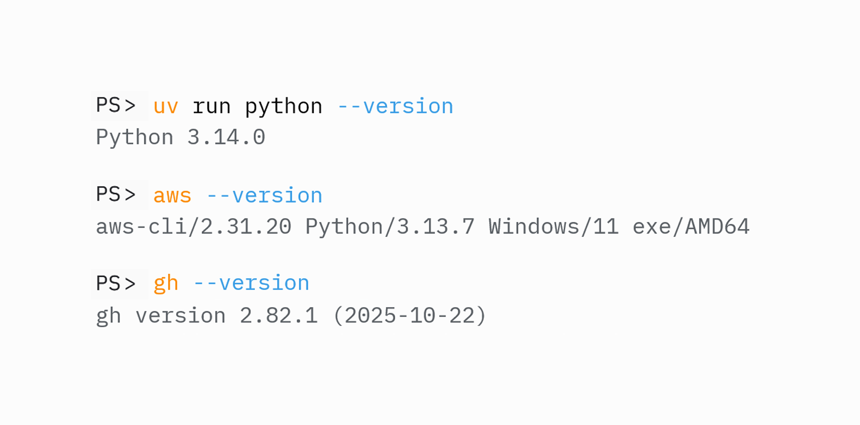 La terminal muestra la versión de uv, AWS CLI y GitHub CLI